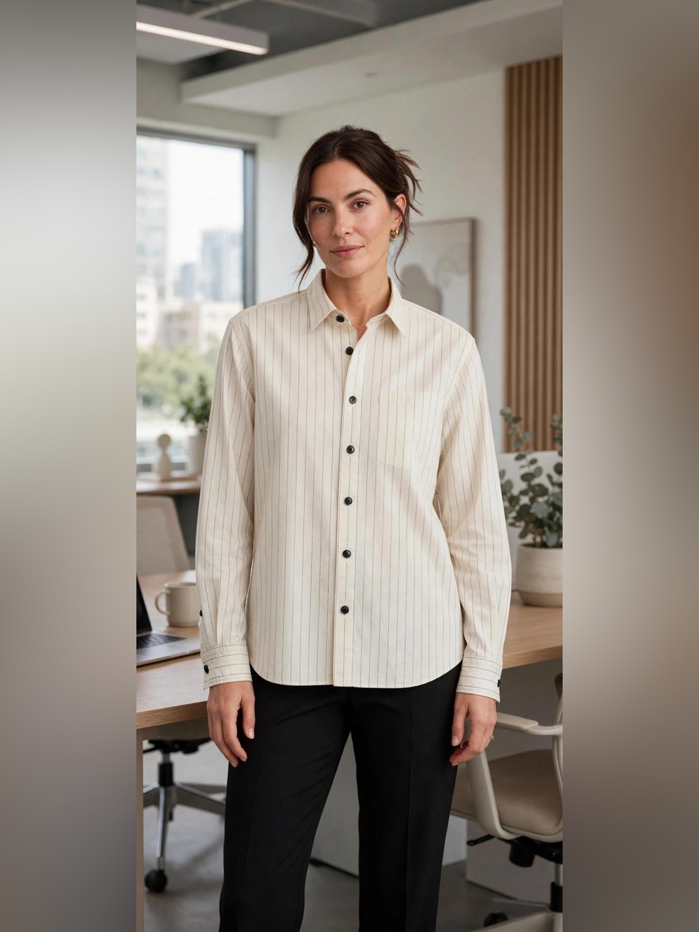 Banana Republic Cream Pinstripe Button-Down with Black Buttons - Picture 1 of 15